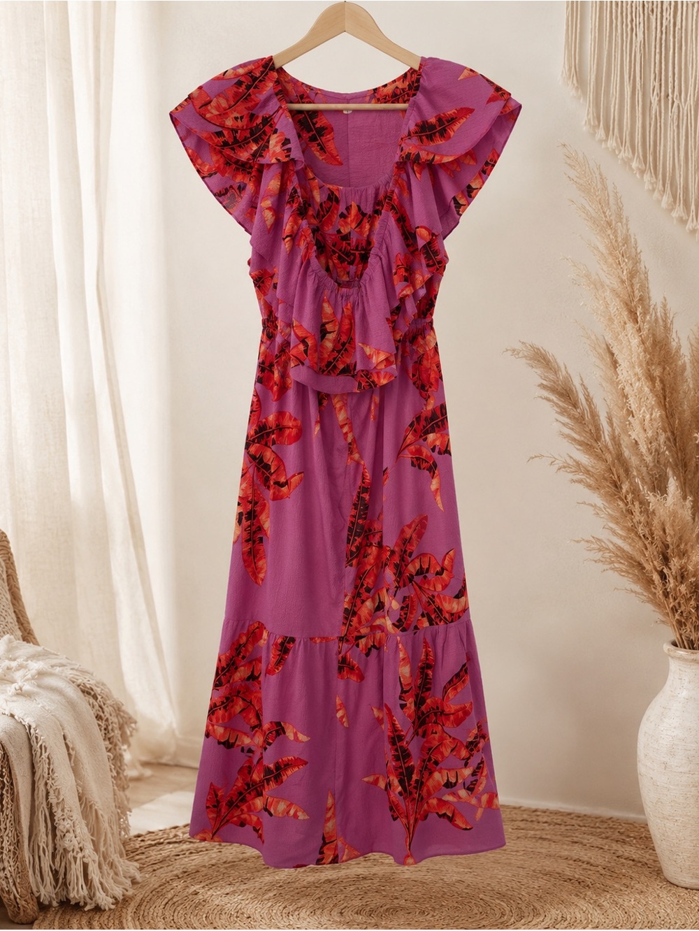 NWT Purple Floral Maxi Dress with Red Leaf Print xxl women